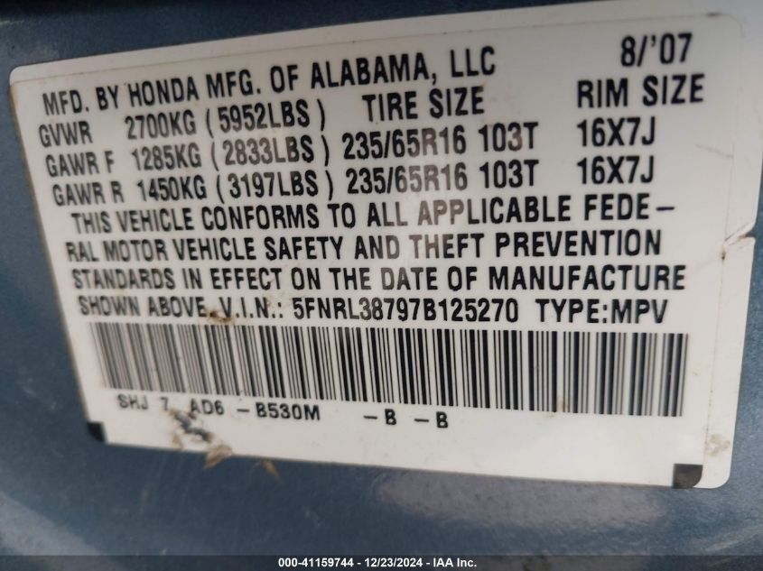 2007 Honda Odyssey Ex-L VIN: 5FNRL38797B125270 Lot: 41159744