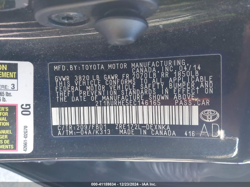 VIN 2T1BURHE5EC146165 2014 Toyota Corolla, LE no.9