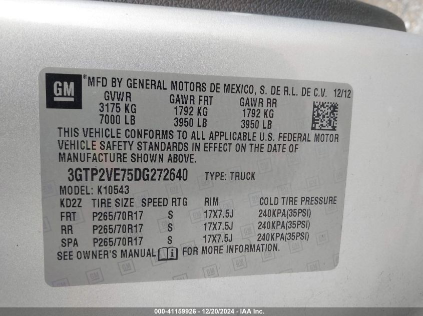 VIN 3GTP2VE75DG272640 2013 GMC Sierra, 1500 Sle no.9