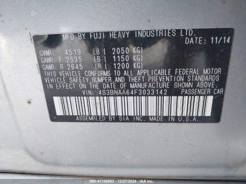 VIN 4S3BNAA64F3033142 2015 SUBARU LEGACY no.9