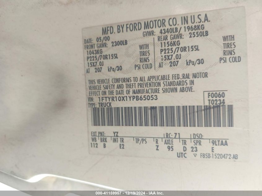 2000 Ford Ranger Xlt VIN: 1FTYR10X1YPB65053 Lot: 43413376