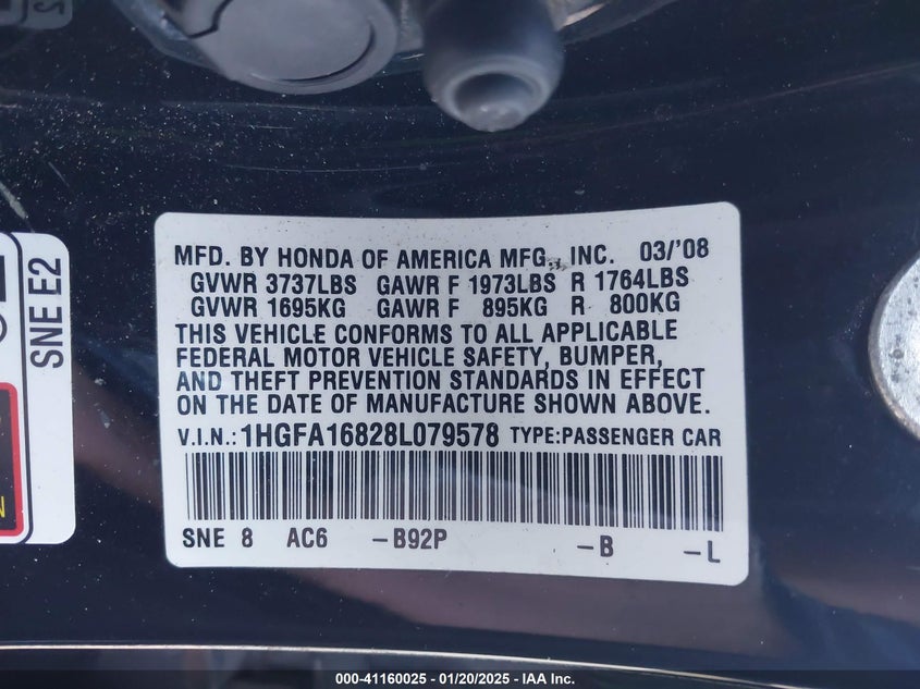2008 HONDA CIVIC SDN VIN: 1HGFA16828L079578