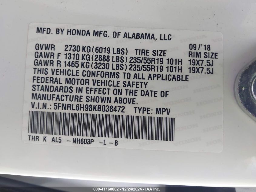 VIN 5FNRL6H98KB038472 2019 Honda Odyssey, Elite no.9