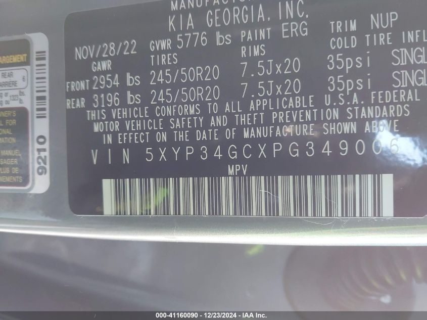 2023 Kia Telluride Ex VIN: 5XYP34GCXPG349006 Lot: 41160090