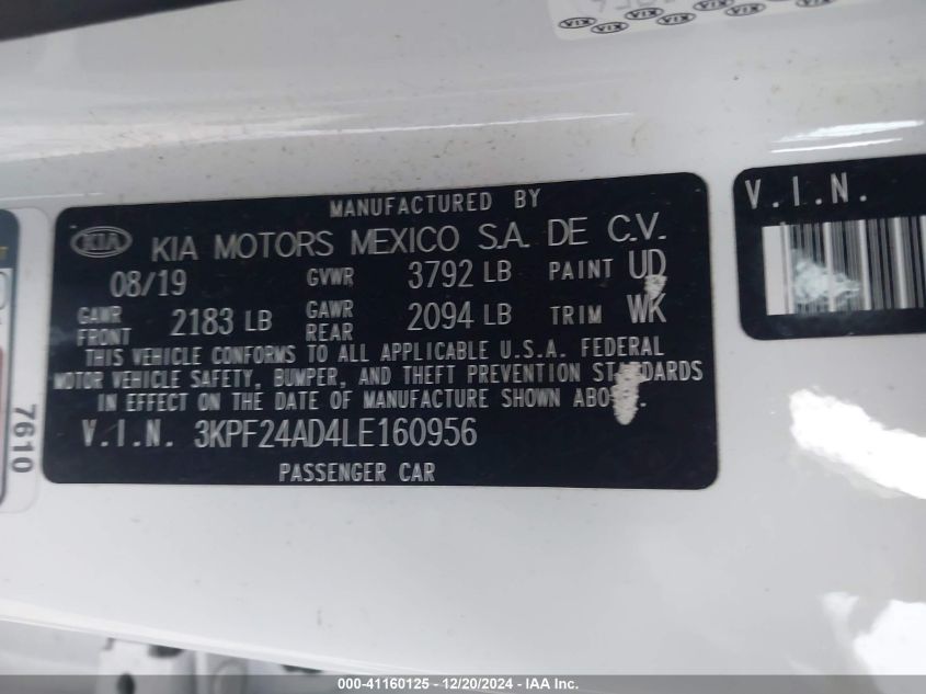 VIN 3KPF24AD4LE160956 2020 KIA FORTE no.9