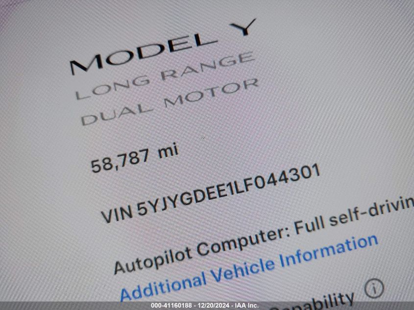 2020 Tesla Model Y Long Range Dual Motor All-Wheel Drive VIN: 5YJYGDEE1LF044301 Lot: 41160188