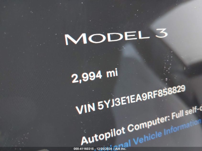 2024 Tesla Model 3 Long Range Dual Motor All-Wheel Drive/Rear-Wheel Drive VIN: 5YJ3E1EA9RF858829 Lot: 41160315