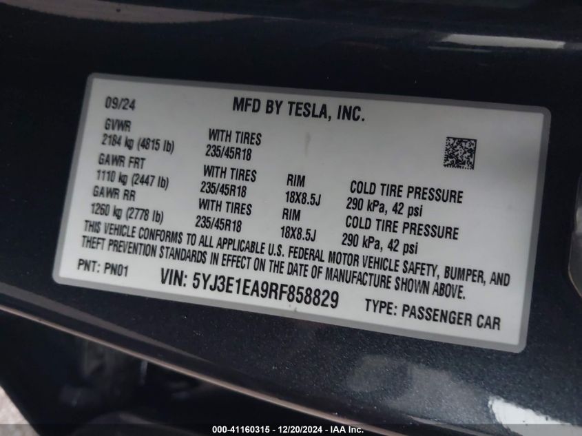 2024 Tesla Model 3 Long Range Dual Motor All-Wheel Drive/Rear-Wheel Drive VIN: 5YJ3E1EA9RF858829 Lot: 41160315