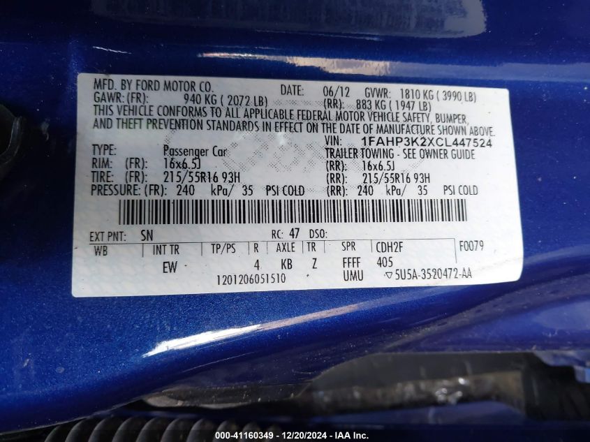 2012 Ford Focus Se VIN: 1FAHP3K2XCL447524 Lot: 41160349