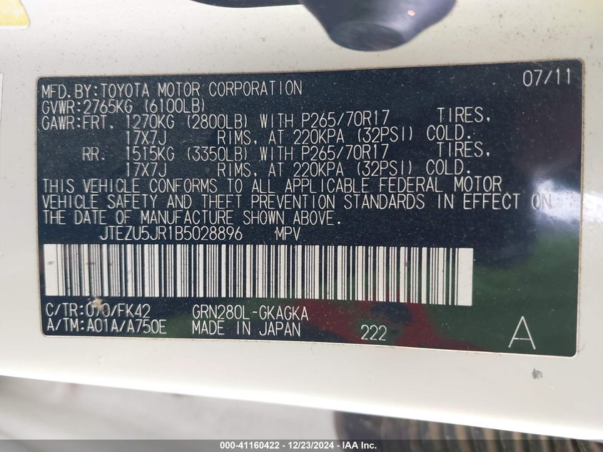 2011 TOYOTA 4RUNNER VIN: JTEZU5JR1B5028896