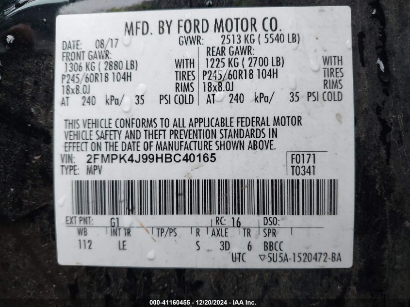 VIN 2FMPK4J99HBC40165 2017 Ford Edge, Sel no.9