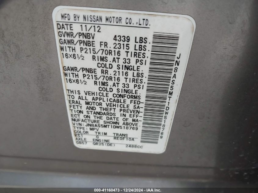 VIN JN8AS5MT1DW518769 2013 Nissan Rogue, S no.9