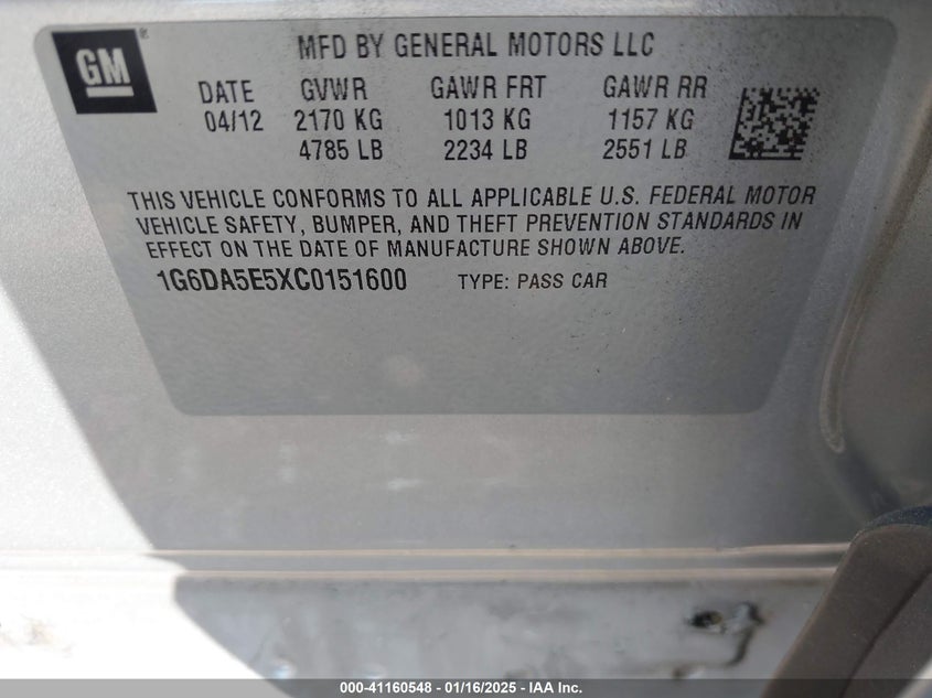 2012 CADILLAC CTS VIN: 1G6DA5E5XC0151600