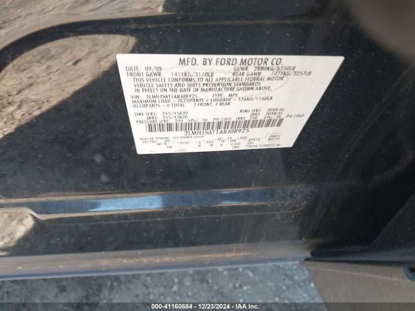 2010 LINCOLN MKT VIN: 2LMHJ5AT1ABJ08925