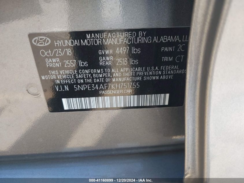 2019 Hyundai Sonata Sel VIN: 5NPE34AF7KH751755 Lot: 41160899