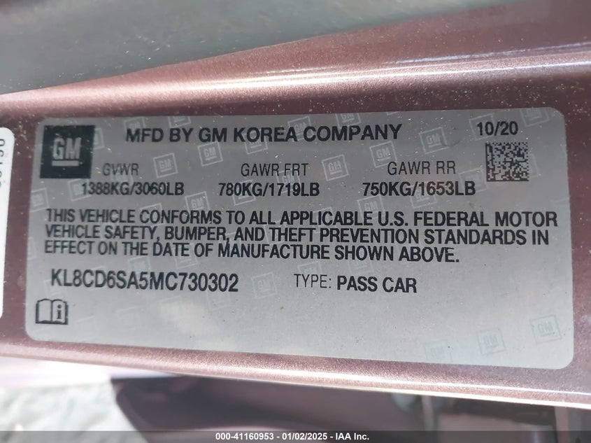 2021 CHEVROLET SPARK 1.4L I-4 DOHC, VVT, (VIN: KL8CD6SA5MC730302