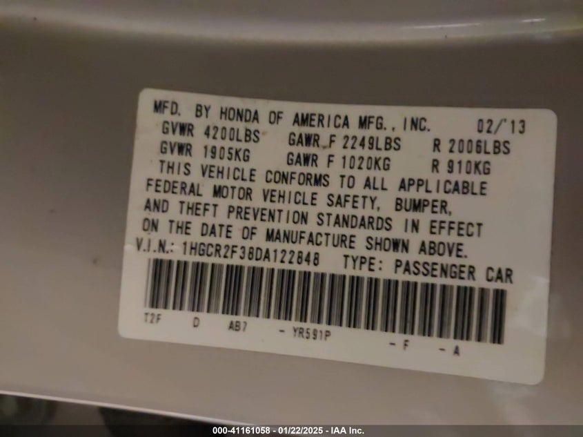 2013 HONDA ACCORD VIN: 1HGCR2F38DA122848