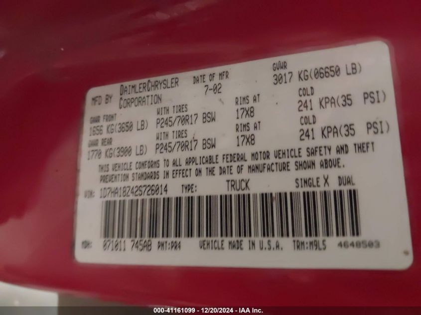 2002 Dodge Ram 1500 St VIN: 1D7HA18Z42S726014 Lot: 41161099