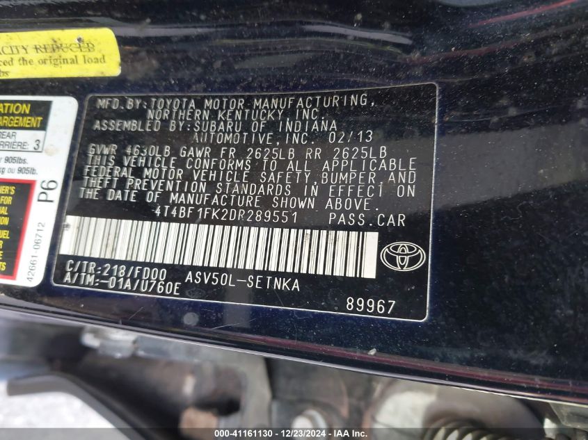 VIN 4T4BF1FK2DR289551 2013 TOYOTA CAMRY no.9