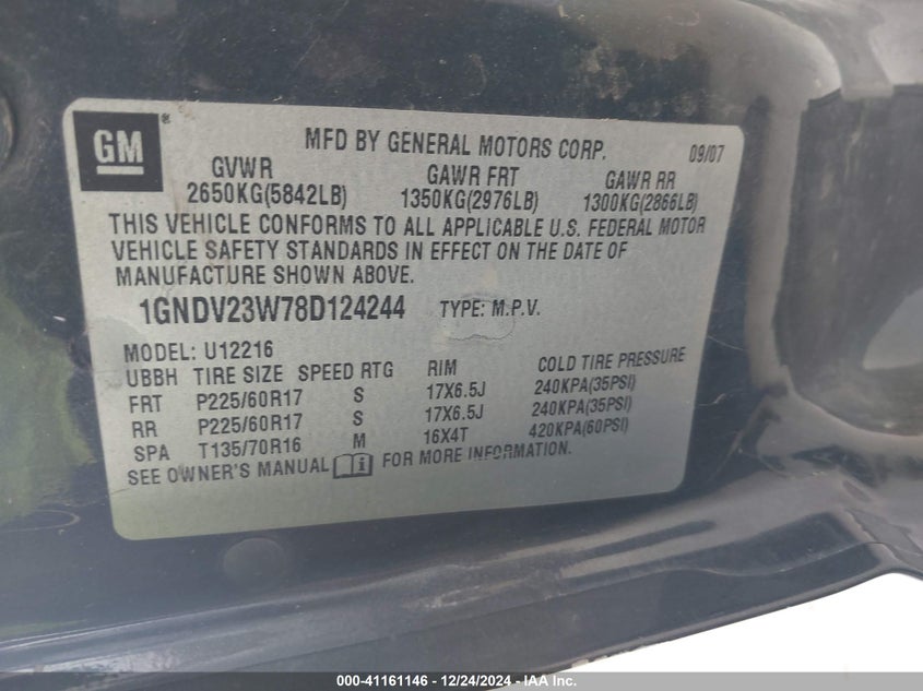 2008 CHEVROLET UPLANDER VIN: 1GNDV23W78D124244