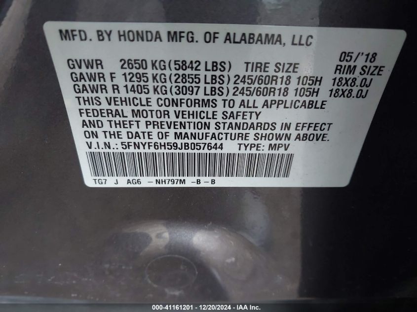 VIN 5FNYF6H59JB057644 2018 HONDA PILOT no.9