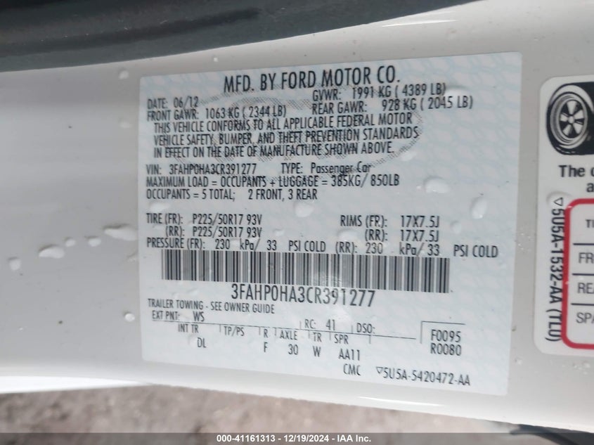 2012 FORD FUSION VIN: 3FAHP0HA3CR391277
