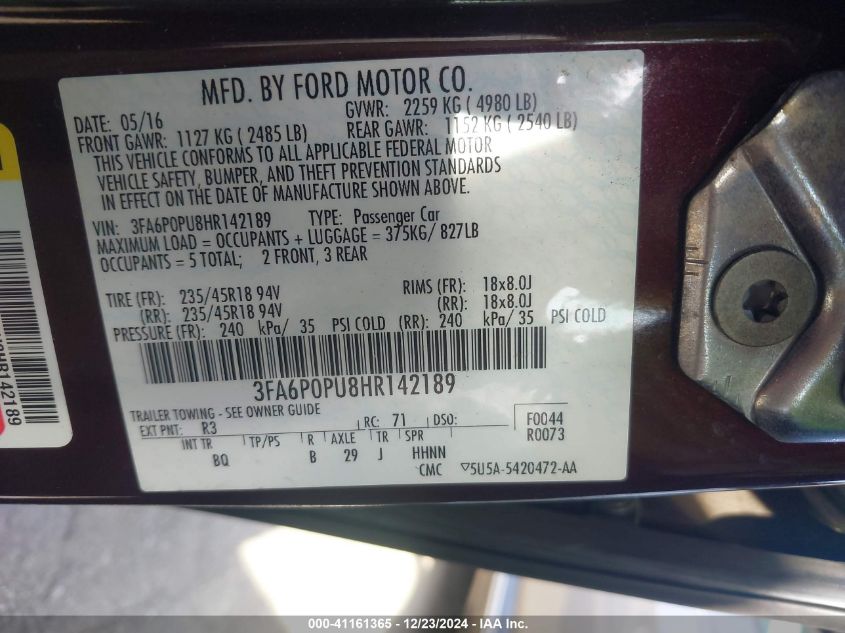 VIN 3FA6P0PU8HR142189 2017 Ford Fusion, Energi Se L... no.9