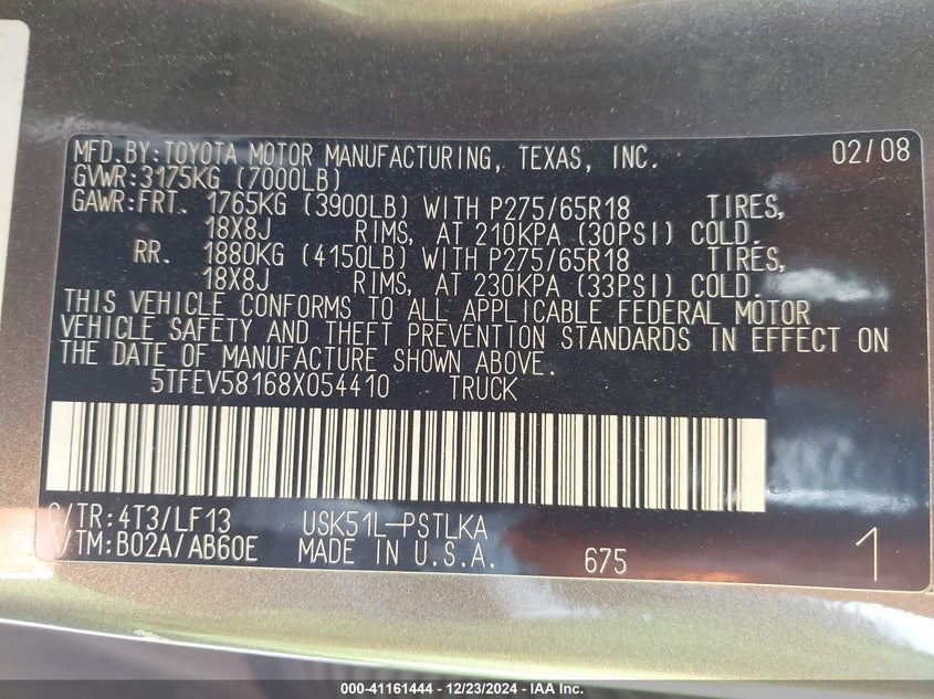 2008 TOYOTA TUNDRA VIN: 5TFEV58168X054410