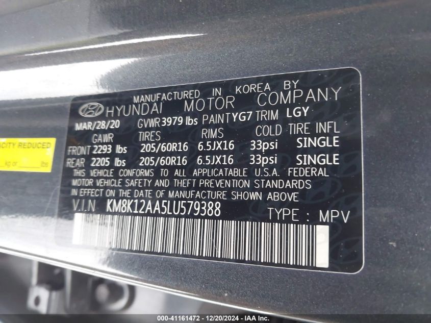 2020 Hyundai Kona Se VIN: KM8K12AA5LU579388 Lot: 41161472