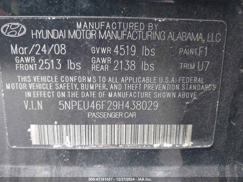 2009 HYUNDAI SONATA VIN: 5NPEU46F29H438029