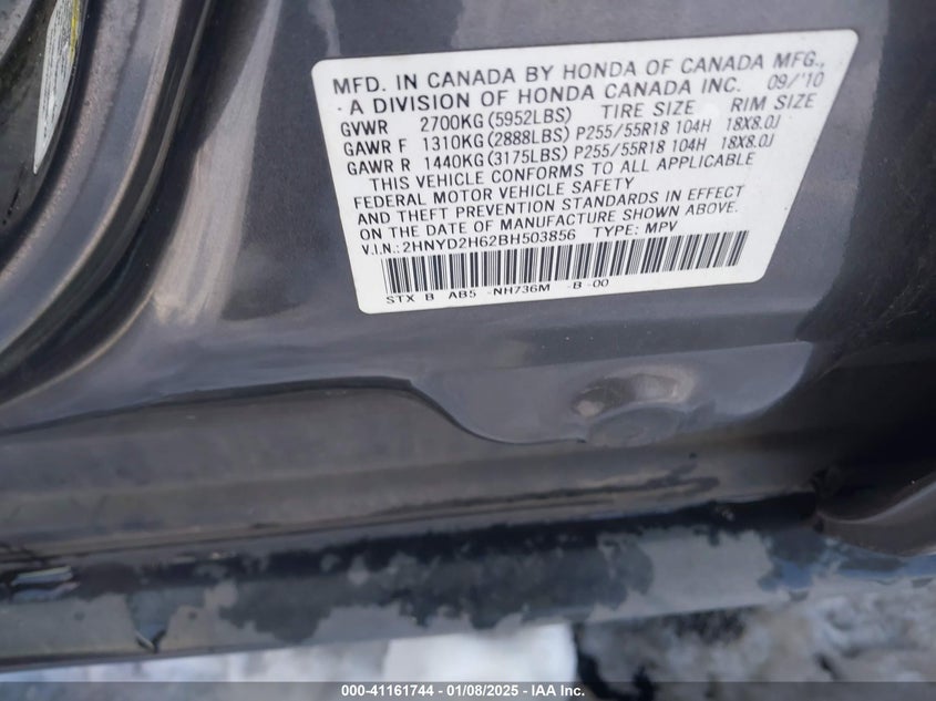 2011 ACURA MDX VIN: 2HNYD2H62BH503856