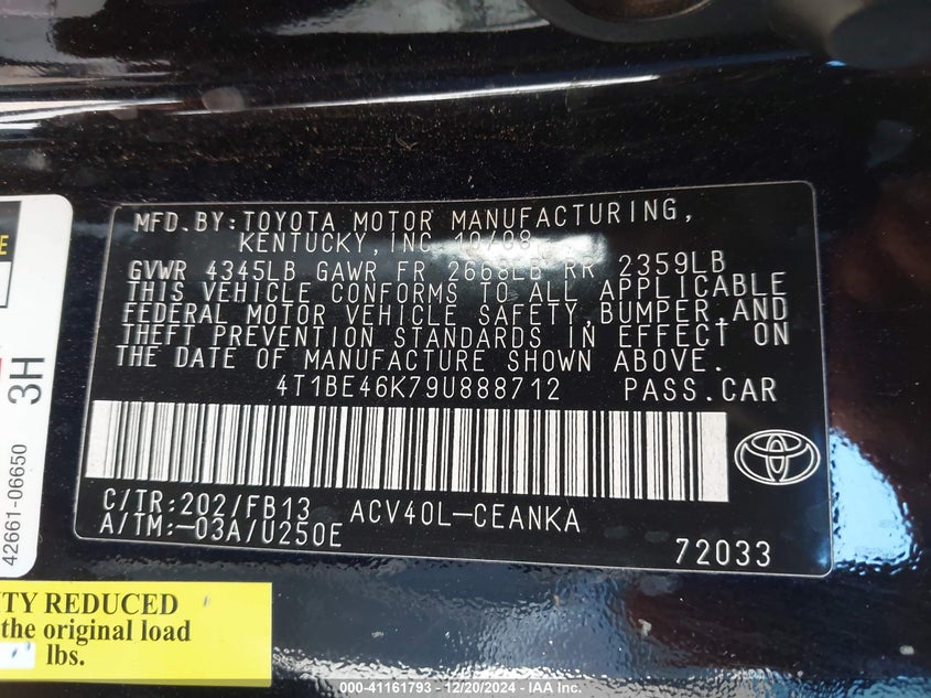 2009 TOYOTA CAMRY VIN: 4T1BE46K79U888712