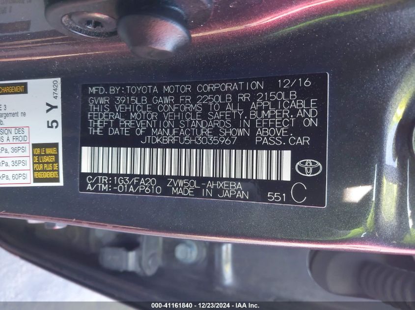 VIN JTDKBRFU5H3035967 2017 Toyota Prius, Two no.9