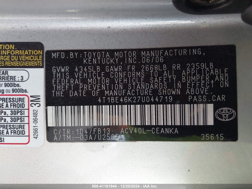 2007 TOYOTA CAMRY VIN: 4T1BE46K27U044719