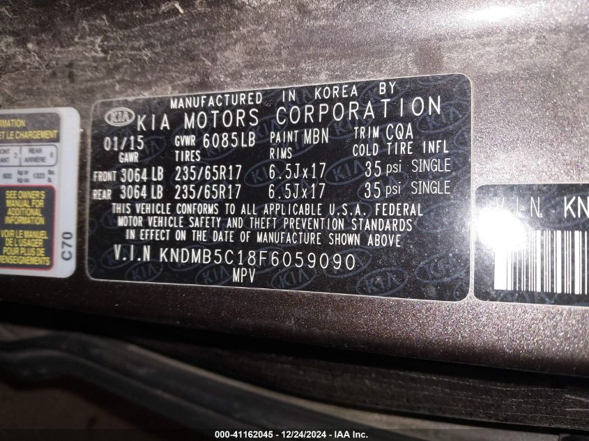 VIN KNDMB5C18F6059090 2015 KIA Sedona, LX no.9