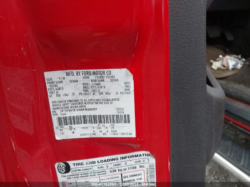 2010 Ford F-150 Fx4/Lariat/Xl/Xlt VIN: 1FTFW1EV0AFB20057 Lot: 41162093