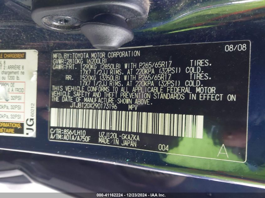 2009 Lexus Gx 470 VIN: JTJBT20X290173196 Lot: 41162224