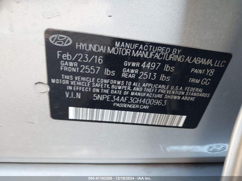 VIN 5NPE34AF3GH400963 2016 Hyundai Sonata, Limited no.9