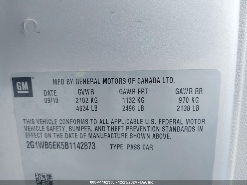 2011 Chevrolet Impala Lt VIN: 2G1WB5EK4B1142873 Lot: 41162330