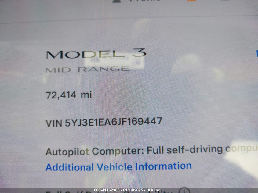 2018 TESL MODEL 3 RWD W/LONG R VIN: 5YJ3E1EA6JF169447