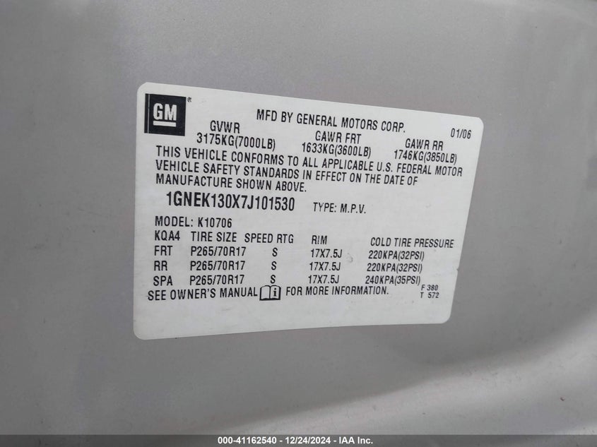 2007 CHEVROLET TAHOE VIN: 1GNEK130X7J101530