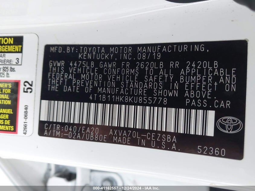 2019 TOYOTA CAMRY VIN: 4T1B11HK8KU855778