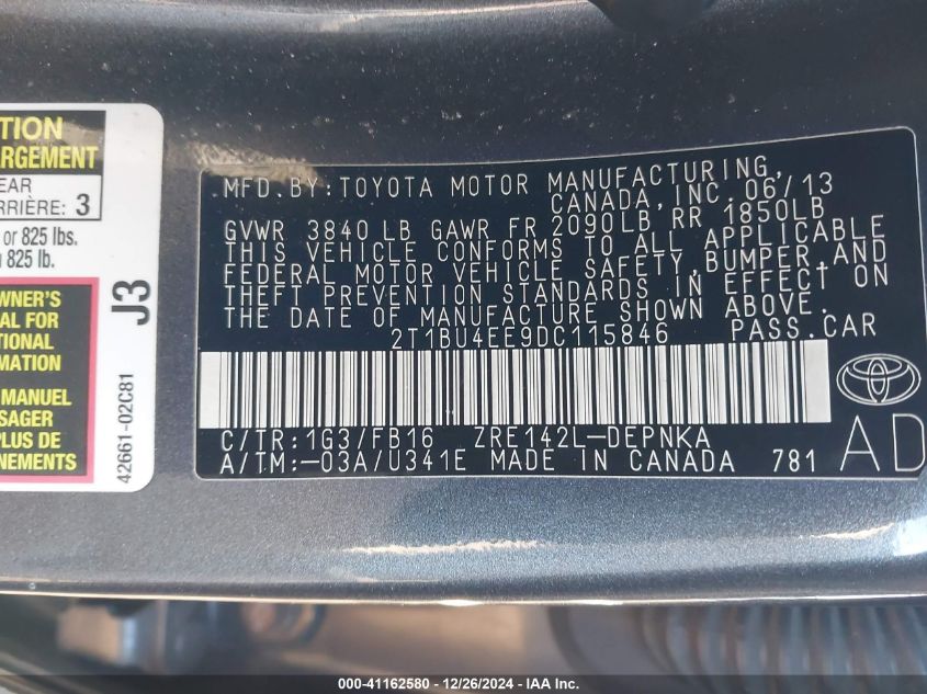 VIN 2T1BU4EE9DC115846 2013 Toyota Corolla, LE no.9