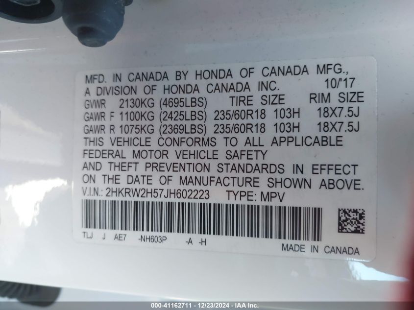 VIN 2HKRW2H57JH602223 2018 Honda CR-V, EX no.9