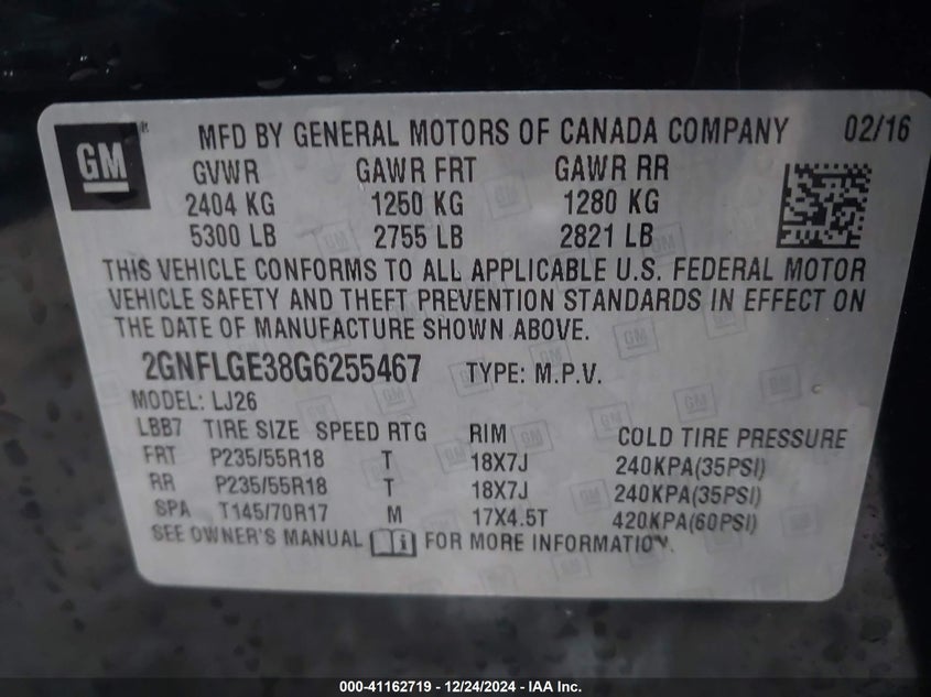 2016 CHEVROLET EQUINOX VIN: 2GNFLGE38G6255467