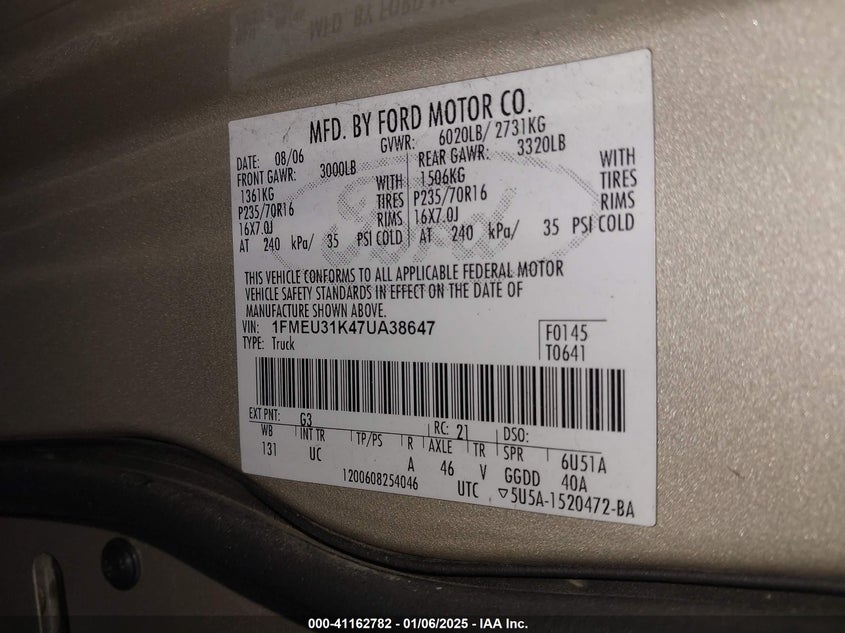 2007 FORD EXPLORER SPORT TRAC VIN: 1FMEU31K47UA38647