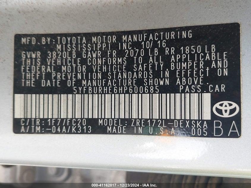 2017 TOYOTA COROLLA SE - 5YFBURHE6HP600685