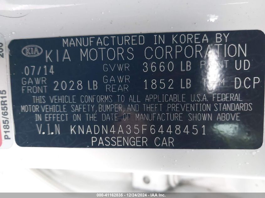 2015 Kia Rio Ex VIN: KNADN4A35F6448451 Lot: 41162835