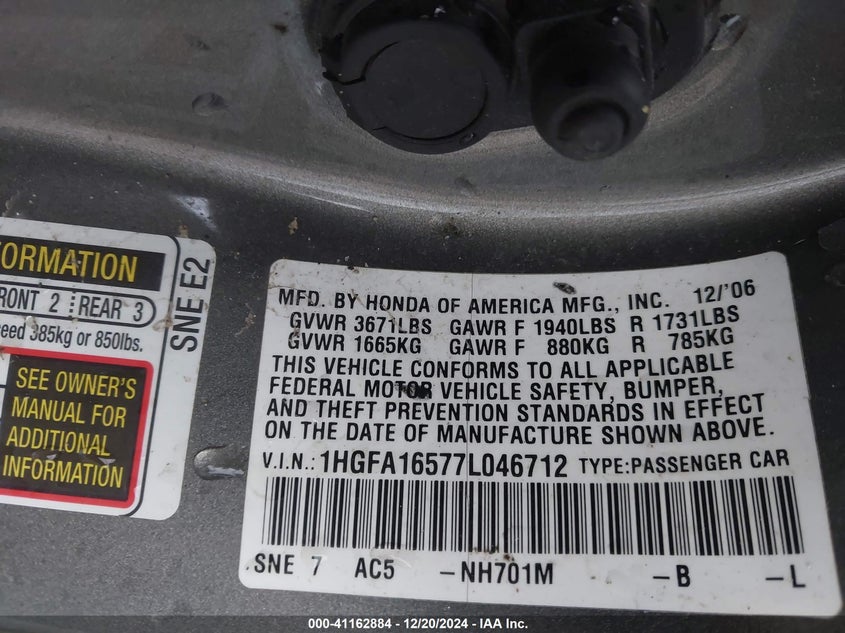 2007 HONDA CIVIC VIN: 1HGFA16577L046712