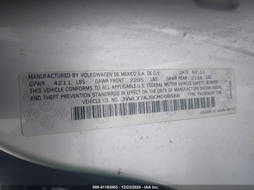 2012 VOLKSWAGEN JETTA VIN: 3VWLX7AJ0CM008588
